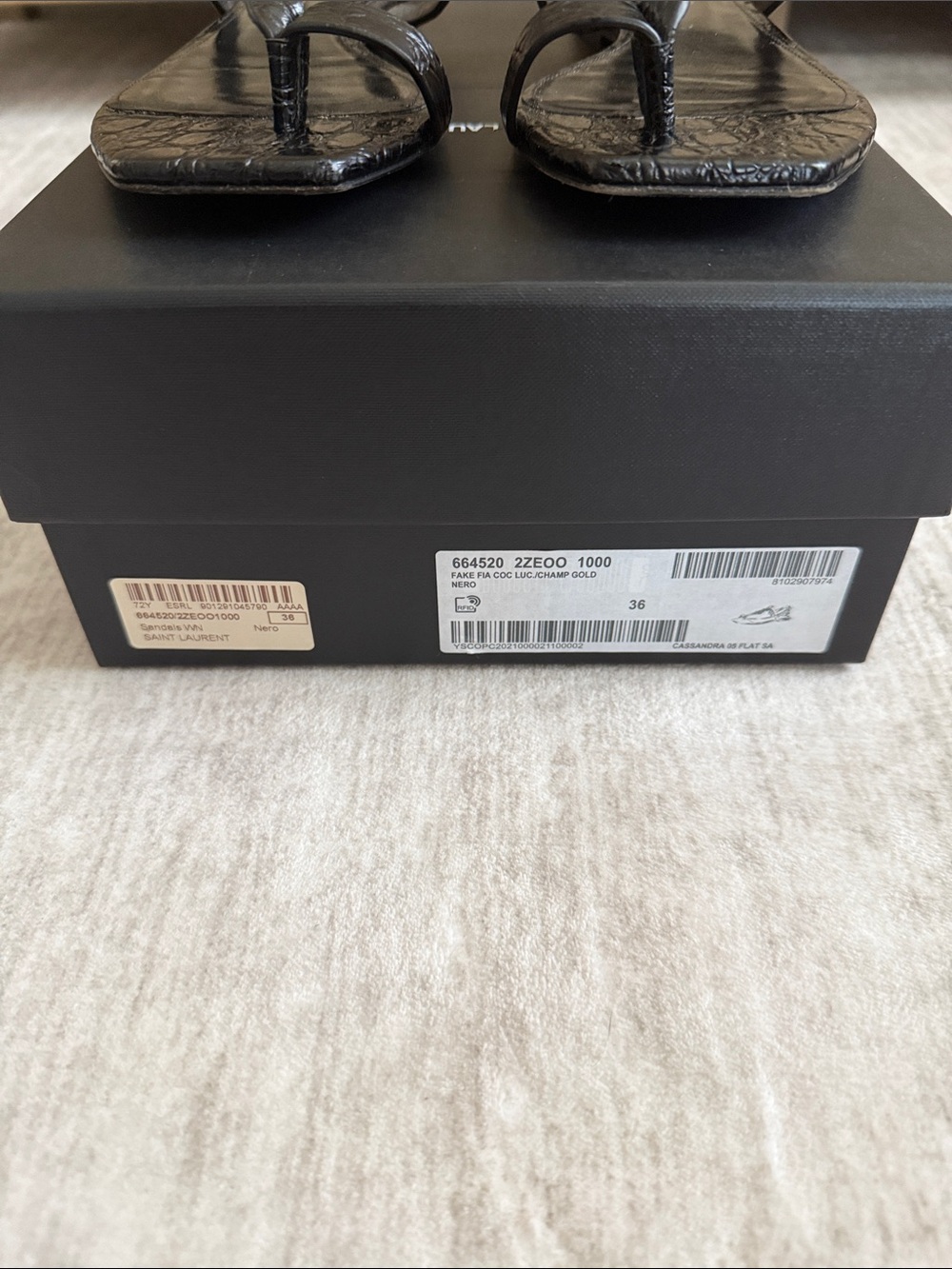 Saint Laurent Black Croc-Embossed Leather Sandals with Gold YSL Accent Sz 36 - Picture 2 of 6